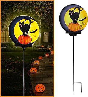 Halloween Solar Garden Decoration Products, Outdoor Solar Garden Acrylic and Metal Wooden Stake Lights, Interesting Black cat and Pumpkin Wooden Stakes with LED Lights Halloween Decoration Products