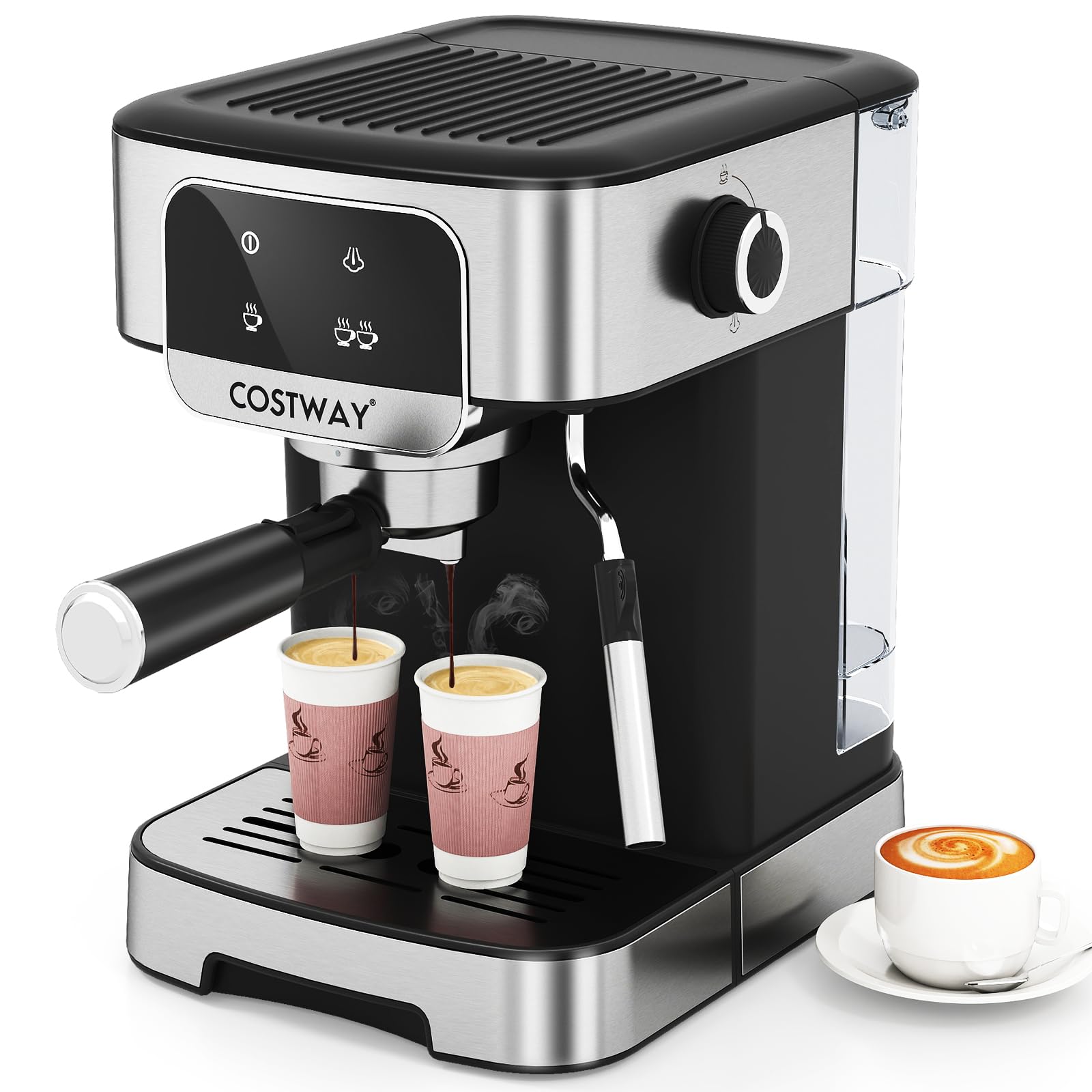 COSTWAY 20 Bar Espresso Coffee Machine, 1200W Compact Coffee Maker with Milk Frother, Touch Screen & 1.8 L Removable Water Tank, Stainless Steel Espresso Maker for Cappuccino, Latte, Ground Coffee