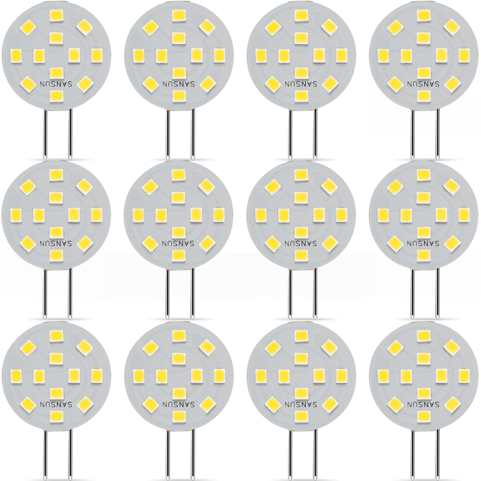 SANSUN G4 LED Bulbs 2W Equivalent to 20W Halogen, G4/GU4/GZ4 Bi-Pin Base, AC/DC12V 4000K 120° Wide Angle, Non-Dimmable (Daylight White, Pack of 12)