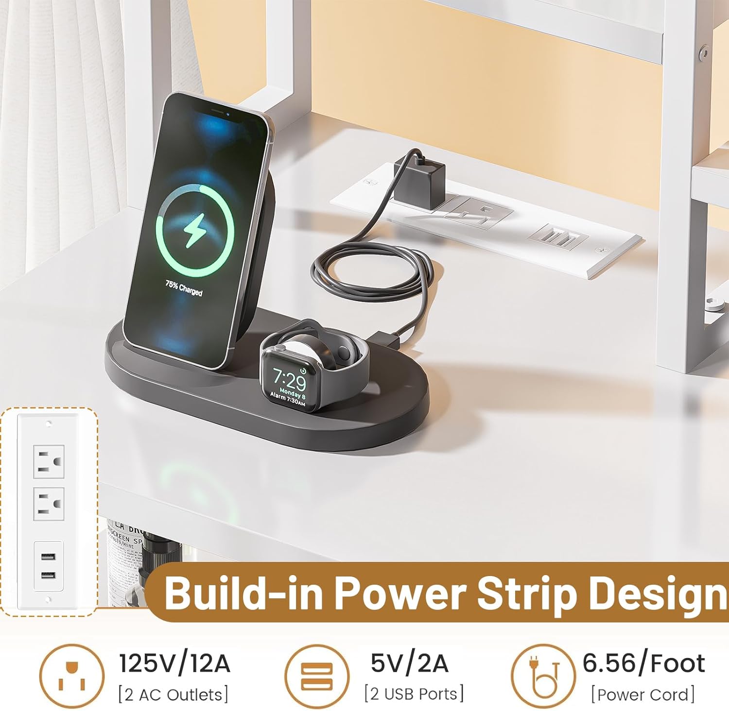 Vanity Desk with Mirror and Lights, Makeup Vanity with 5 Fabric Drawers and Open Storage Shelves, 3-Color Adjustable Lighting, Modern Vanity Table with Charging Station for Bedroom, White