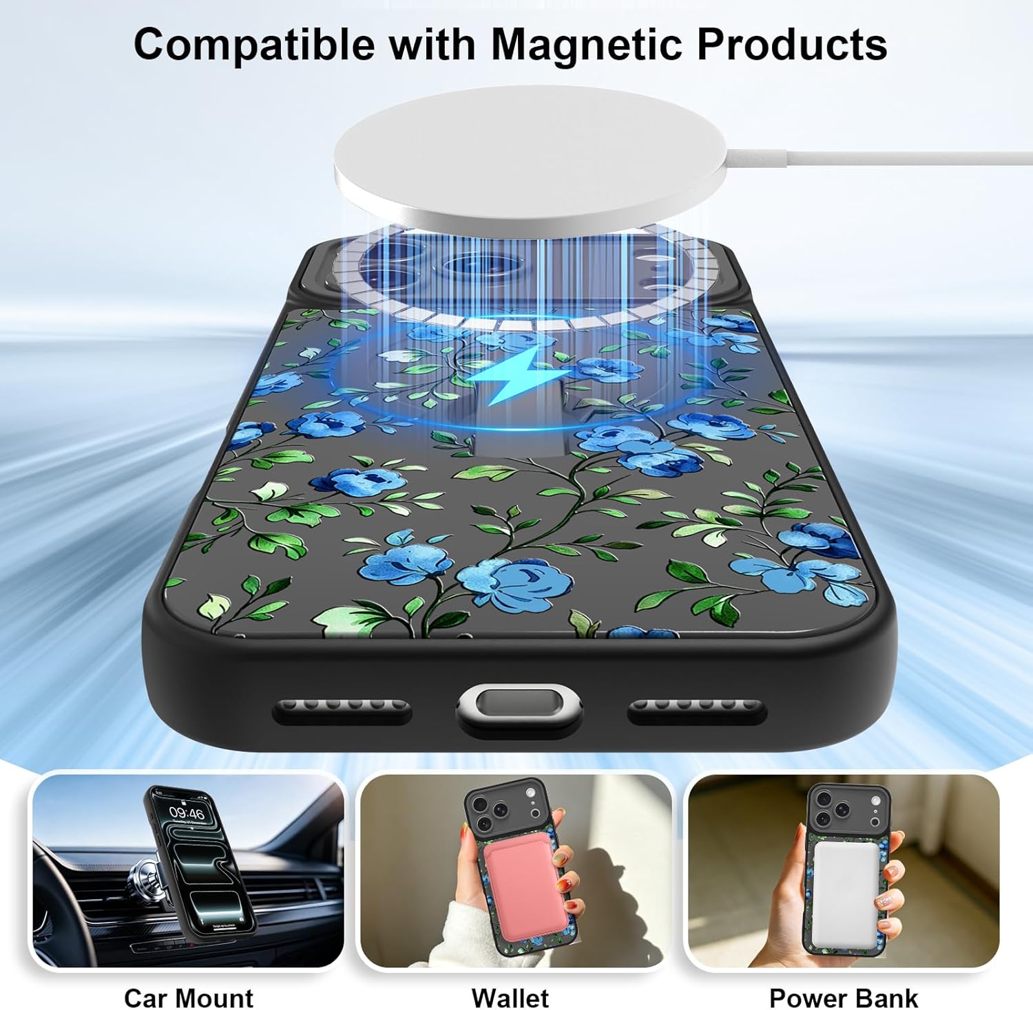 ZIYE for iPhone 17 Pro Case with Finger Hand Strap Kickstand, Compatible with Magsafe, Cute Flower Pattern Phone Case for Women Girls, Slim Full Camera Protection Shockproof Phone Cover - Black