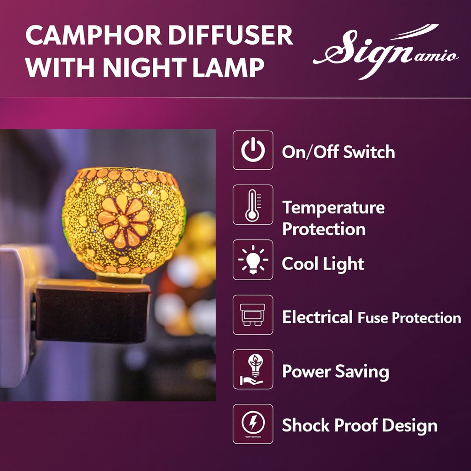 SIGNAMIO Multi Color 2 in 1 Electric Kapoor Dani Burner: Essential Home Fragrance Product & Room Freshener Diffuser with Night Lamp for Pooja Rooms, Aroma, Oil & Camphor Diffuser Capabilities-DN-16 2
