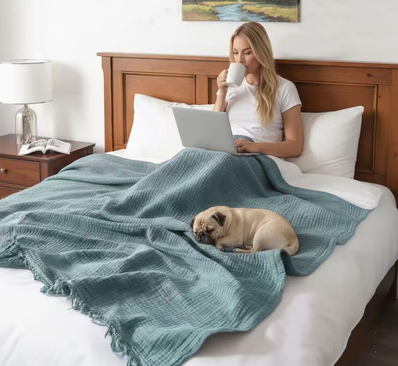 KyraHome Couverture en Mousseline 100% Coton Bio pour canapé, Adulte, prélavée, Teinture végétale, Respirante, légère, en Gaze Douce pour Femme, Toutes Saisons, 140 x 152 cm, Bleu Ardoise