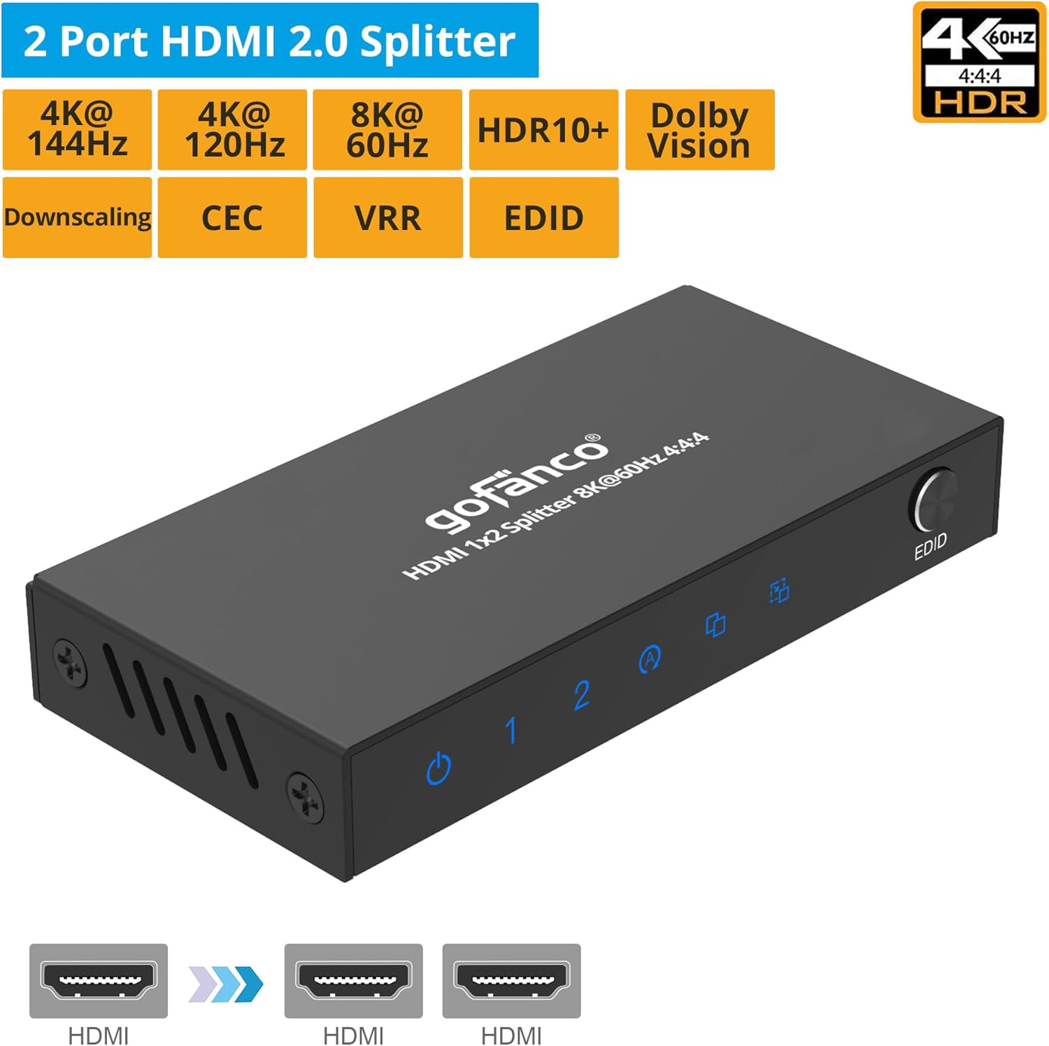 gofanco 8K 60Hz 1x2 HDMI Splitter – 8K @60Hz 444, 4K @144Hz/120Hz, 2K @240Hz, 1080p @240Hz, VRR, ALLM, CEC, Auto Downscale, HDCP 2.3/2.2/1.4, EDID, HDR10/HDR10+, LPCM/DTS/DD/Atmos (HDsplit8K-2P)