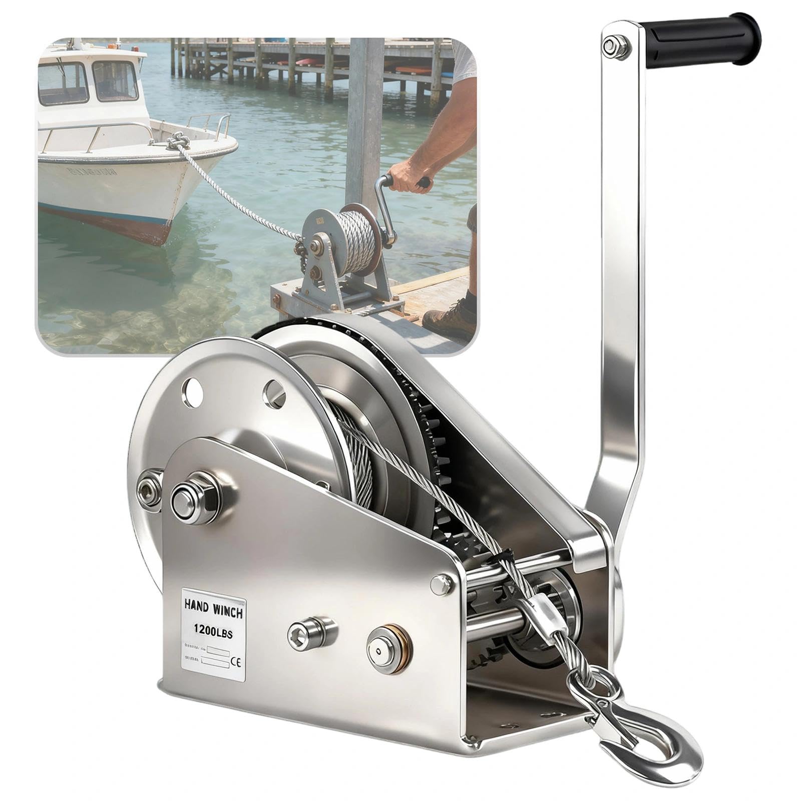 Handseilwinde Edelstahl, Bootswinde 1200 lbs mit Haken und Stahlseil 10m, Gurtwinde Bootstrailer mit Bremse, Seilwinde Hand für Schiffe, Anhänger und Pickups