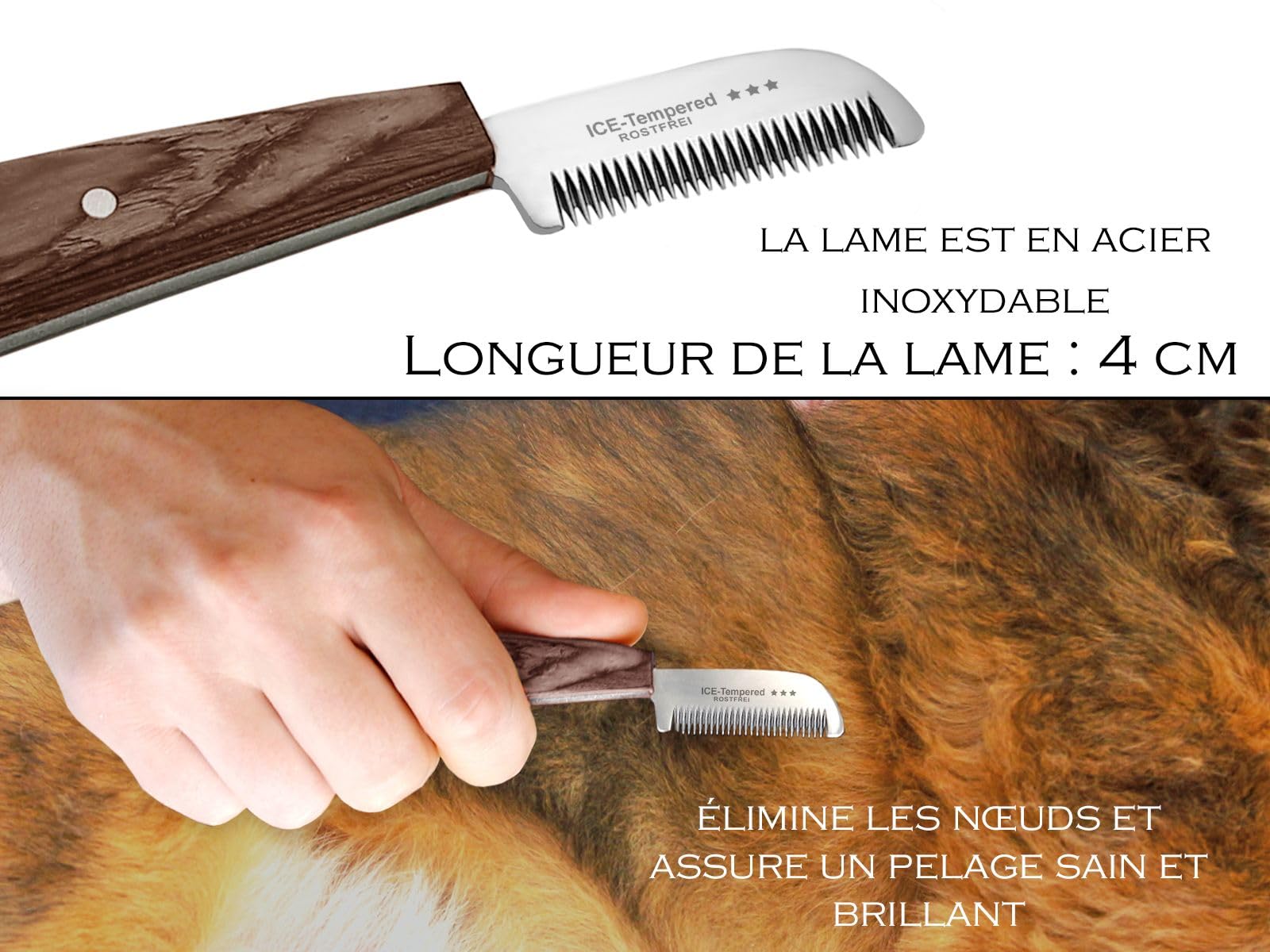 Couteau de toilettage pour chiens et chats en acier inoxydable avec denture fine pour le soin du pelage des animaux 14,5 cm