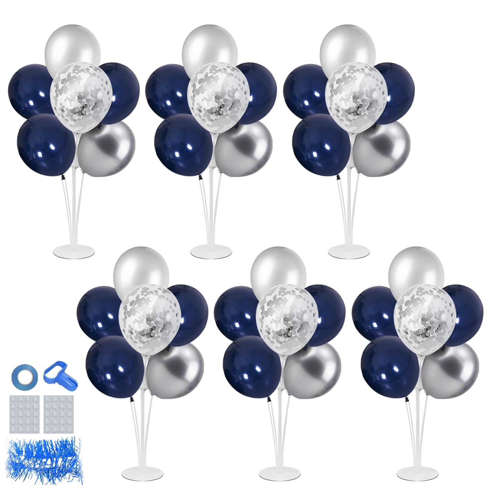 ZJDHPTY 6 Set Balloon Stand with Blue and Silver Balloons Centerpiece Table Decorations Birthday Graduation Bridal Shower Wedding Anniversary Father's