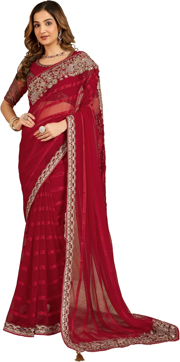 TRENDMALLS Women's Chiffon Embroidery Saree with Blouse Piece (K1169-Red)