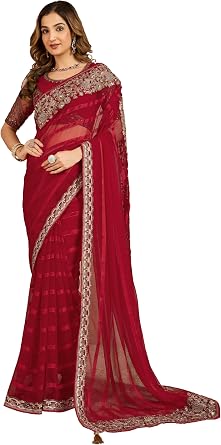 TRENDMALLS Womens Chiffon Embroidery Saree with Blouse Piece K1169-Red