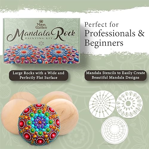 Miniatura 3 de MoonGarden Kit de pintura de rocas de mandala, kit de herramientas de punteado de mandala, rocas grandes de madera para pintar, plantillas, pinturas