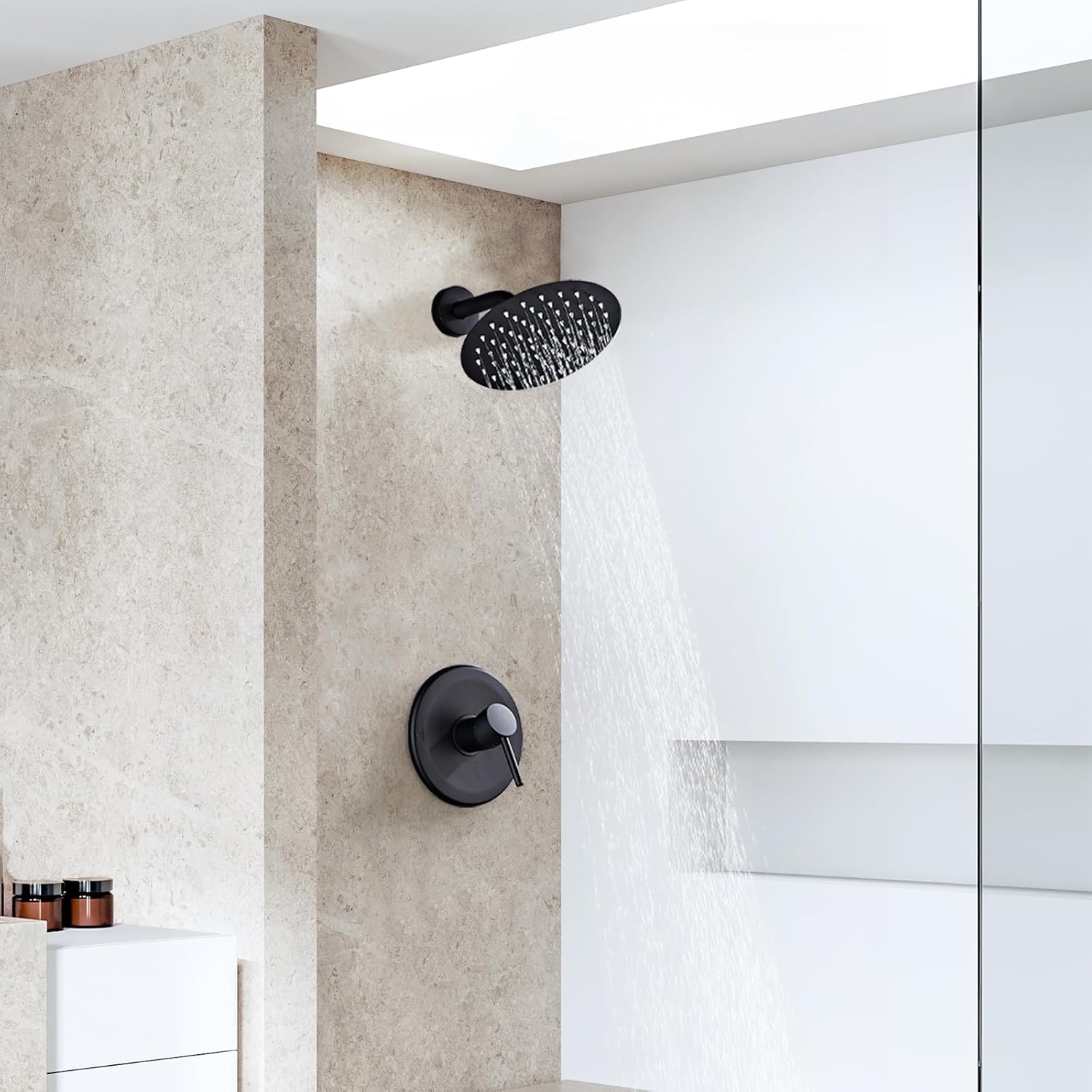HUCKLE 8-Inch Black Shower Faucet with Valve，8-Inch Black Rainfall Shower Head with Bathtub Faucet