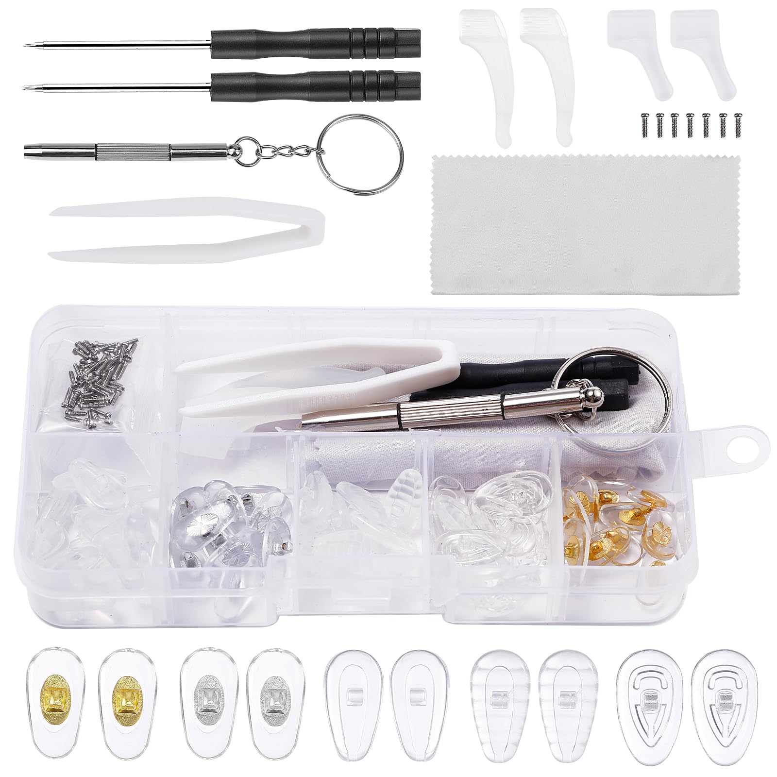 Bewudy Kit de reparación de gafas, 25 pares de plaquetas nasales para gafas de silicona antideslizante plaquetas nasales nasales para gafas kit de reparación de gafas con tornillos y paño de limpieza