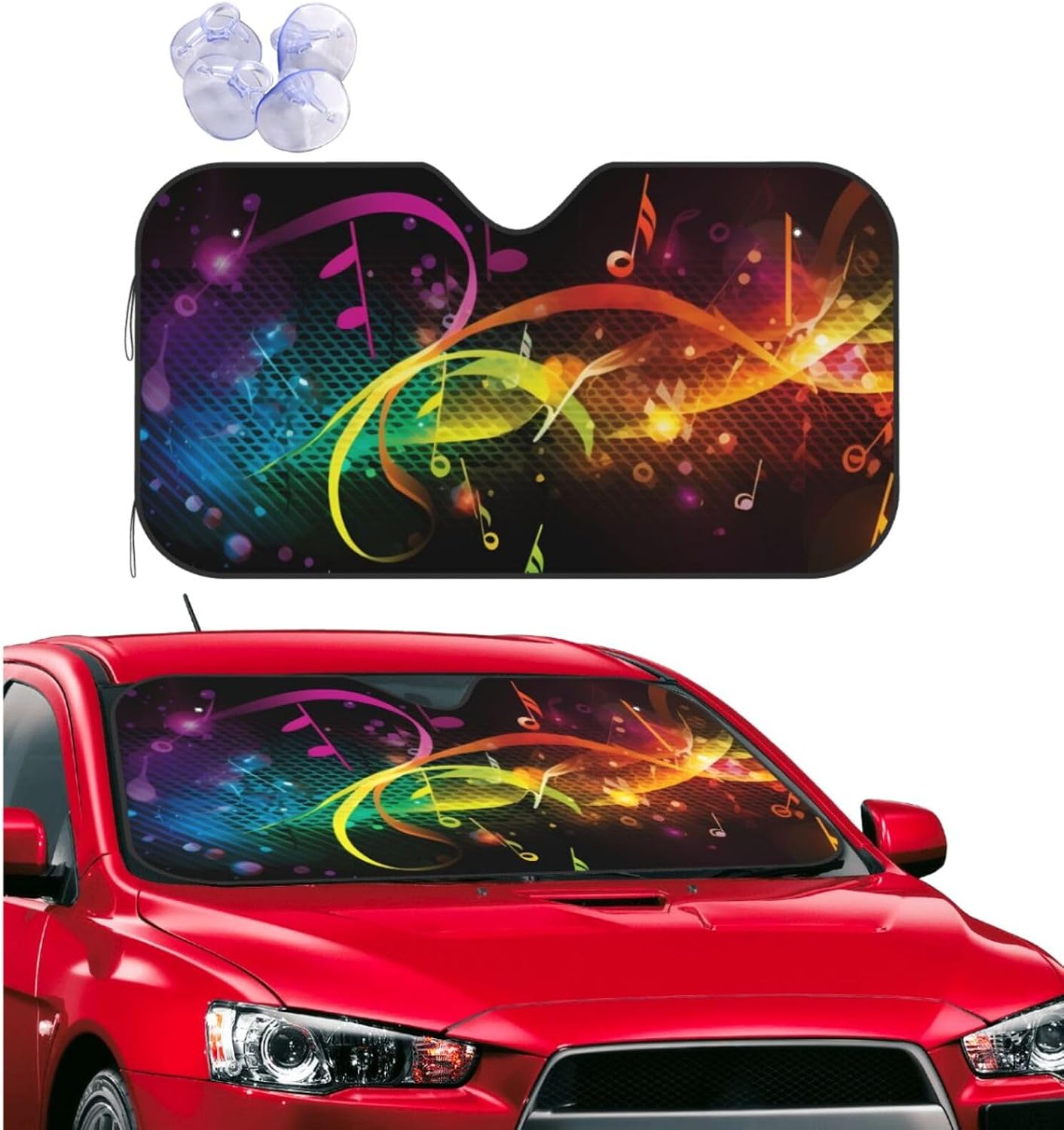 Colorful Music Notes Car Windshield Sunshade, Foldable Car Sun Shade Uv Ray Reflector Front Window Sun Shade Visor Shield Cover Car Accessories Keeps Your Vehicle Cool 51x27.5 Inch