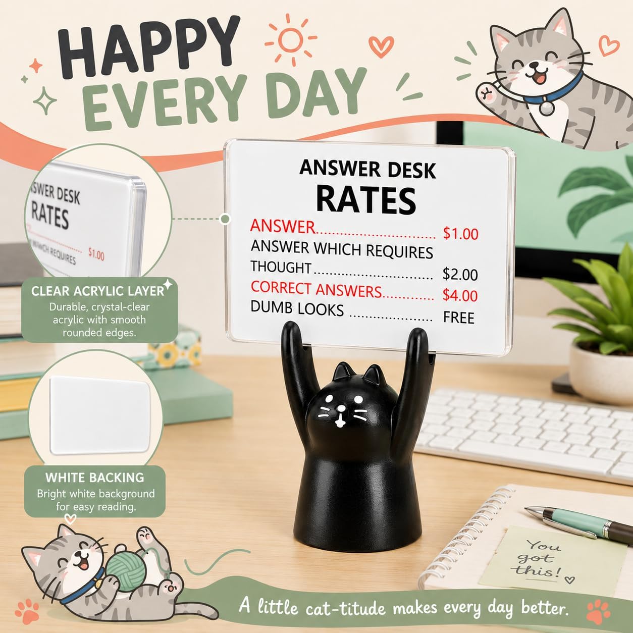 Black Cat Answer Desk Rates Desk Sign, Funny Office Cubicle Decor, Employee Appreciation Gifts, Office Gag Gifts for Coworker Teammate Employee Boss Manager