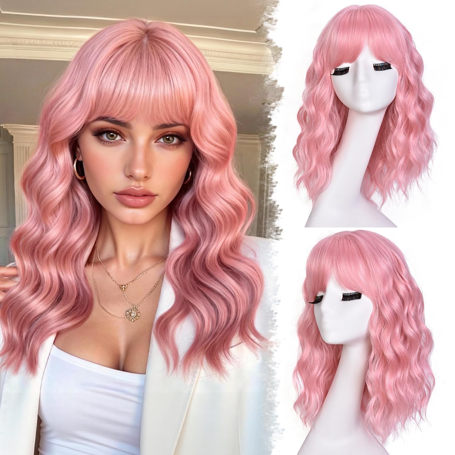 RUNM Short Bob Wavy Wigs for Women 18Inch Wig with Bangs for Black Women Shoulder Length Bob Hair Style for Halloween& Cosplay and Daily(Chocolate Brown)