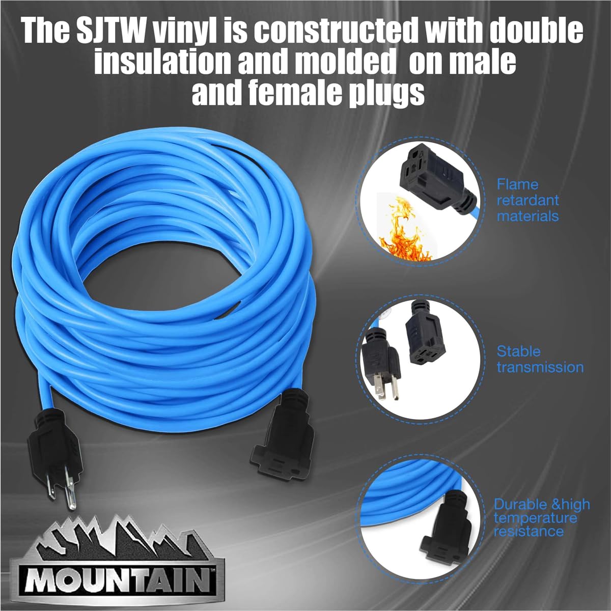 Mountain 43722 110 Volt 50' Electrical Power Cord, 16/3 Single Tap, SJTW Vinyl Construction, Double Insulated, Indoor/Outdoor, 13A, 125V, 1625W, Molded Plugs, ETL Certified and UL Listed, Blue