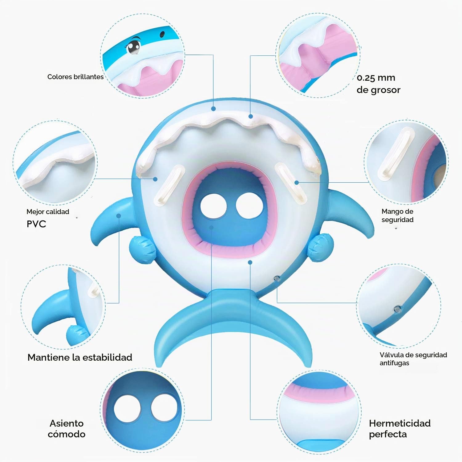 Flotador para Bebé Piscina Tiburón Tabla Hinchable con Inflable Toldo,Barco Inflable Flotador para 6-37 Meses Niños
