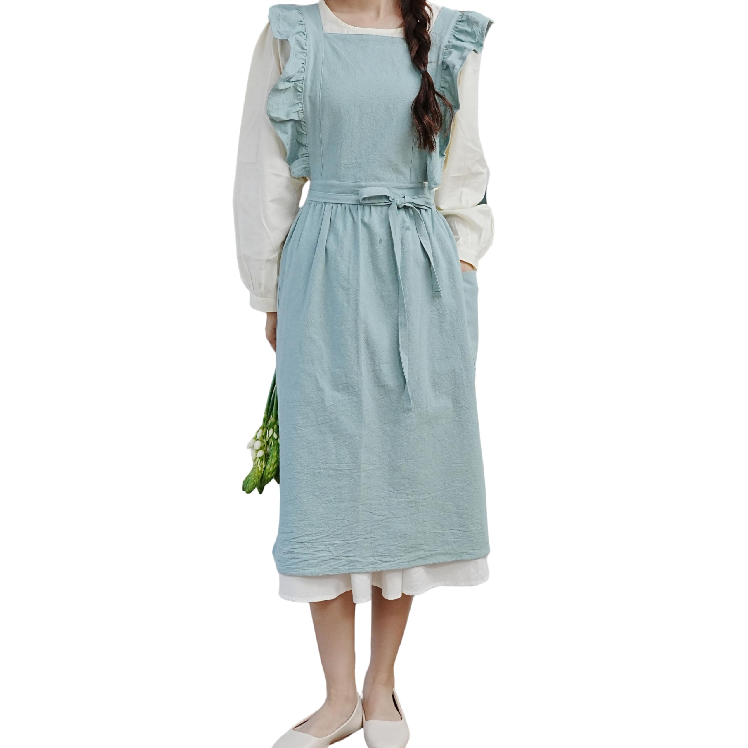 Solid Ruffle Apron Vintage Style Cotton Large 2 Pocket Tether Stain Resistant Cover Up, 1 Year Ash, One Size Fits Most (light green)