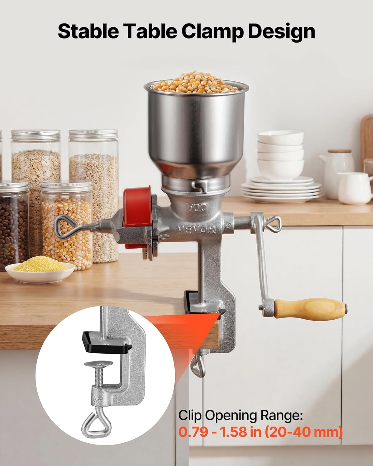 VEVOR Manual Grain Mill with High Hopper, Hand-Crank Corn Grinder, Heavy Duty Cast Iron Wheat Grinding Mill with Stable Table Clamp & Dust Cover for Grains Spices Coffee Beans Nuts