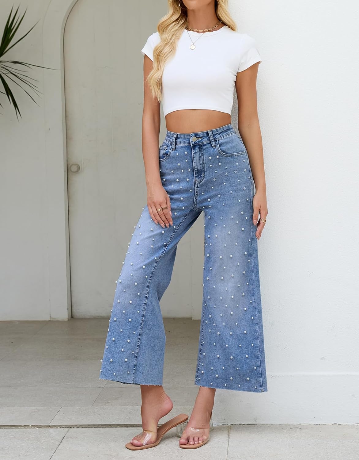 Kedera Womens Wide Leg Pearl Jeans High Waisted Cropped Denim Pants Casual Embellished Jeans with Raw Hem - Image 5