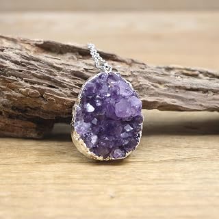 Raw Amethysts Pendants Necklace Quartz Purple Plate Women, Silver