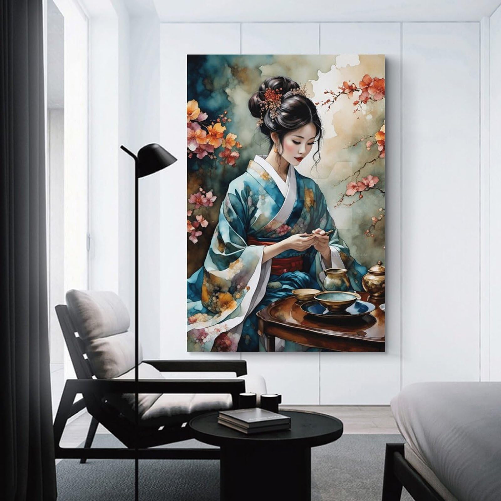 Junmoney Unframe-Style-19 Decorative Wall Artwork Japanese Woman In Kimono, 12X18inch(30X45cm), For New Homes, Bedrooms Or Workspaces, Canvas Artwork With Gifting Potential