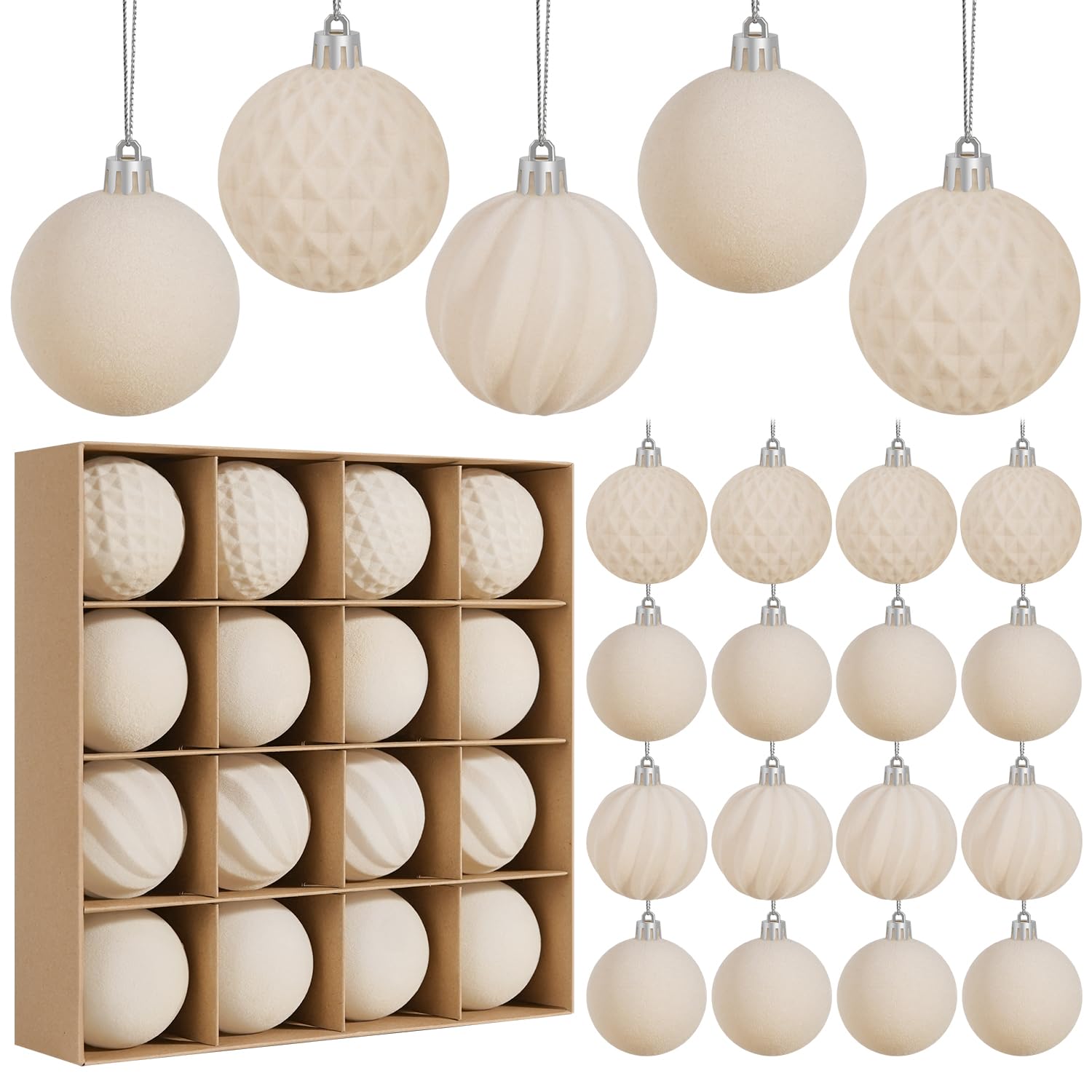 Miaikoe 16 Pcs Velvet Christmas Balls Hanging Ornaments Set, Pre-tied Shatterproof Plastic Flocked Christmas Balls Xmas Decorations Festival Holiday Party Decor (Beige,6CM)