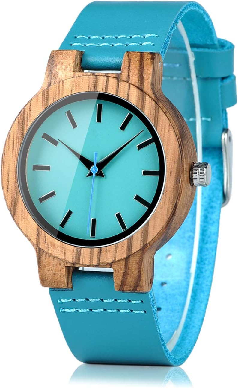 BOBO BIRD Mens Women's Bamboo Wooden Watch with Blue Cowhide Leather Strap Casual Watches for Love with Box