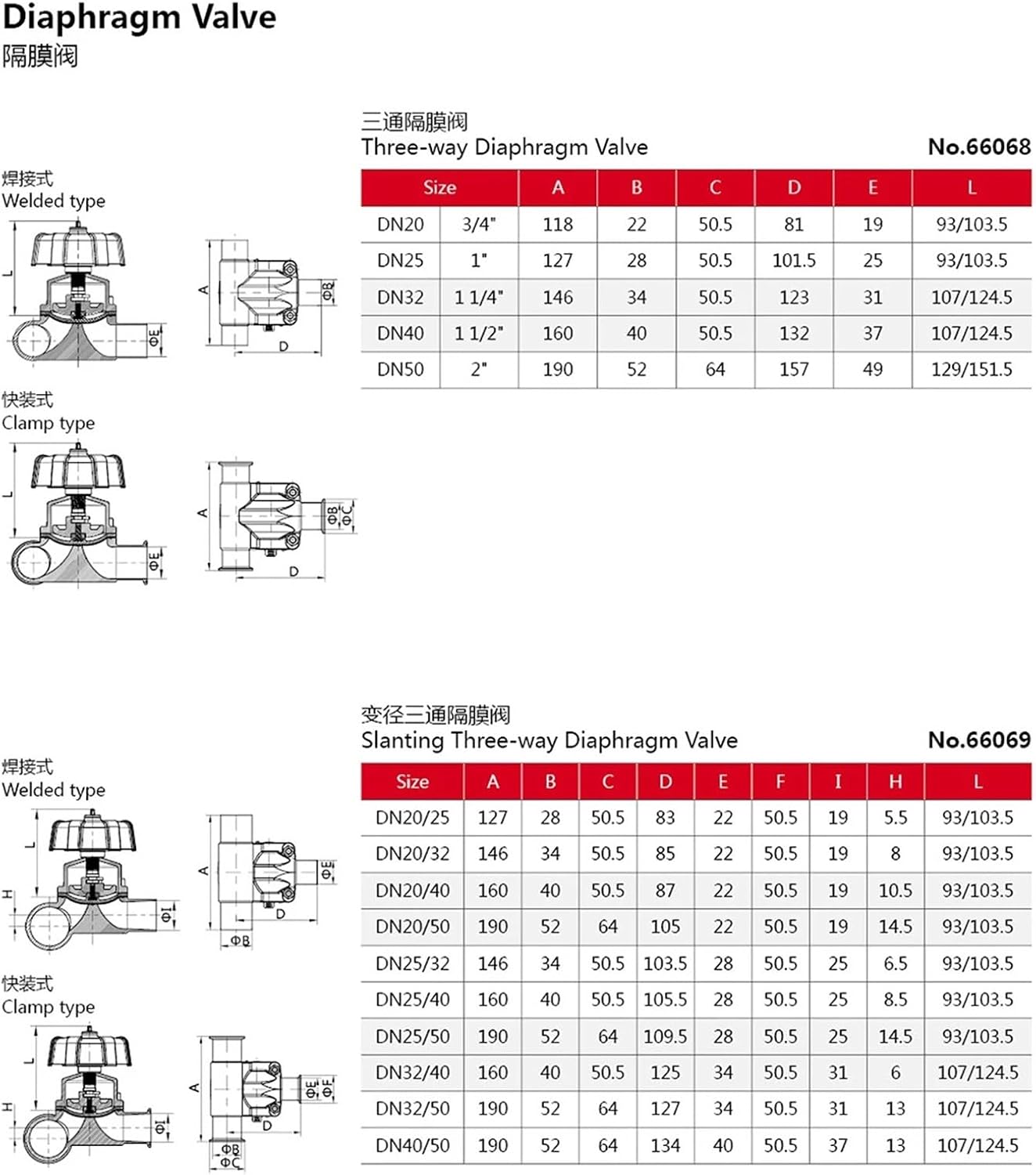 25.4mm SS316L Food Grade 3-way Elbow Type Clamping Diaphragm Valves