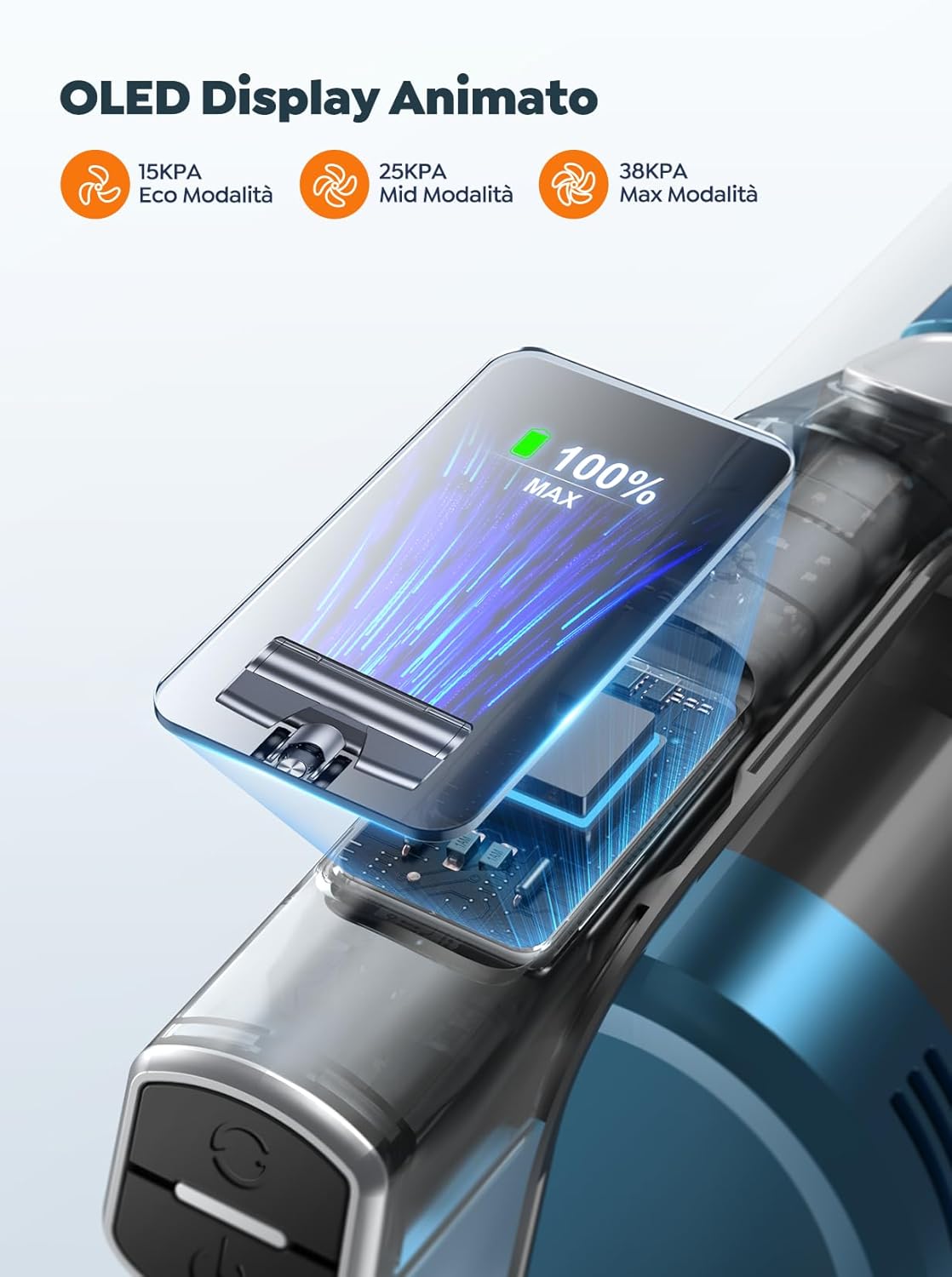 OLED display showing different suction modes: 15KPA Eco Mode, 25KPA Mid Mode, and 38KPA Max Mode, along with battery level.