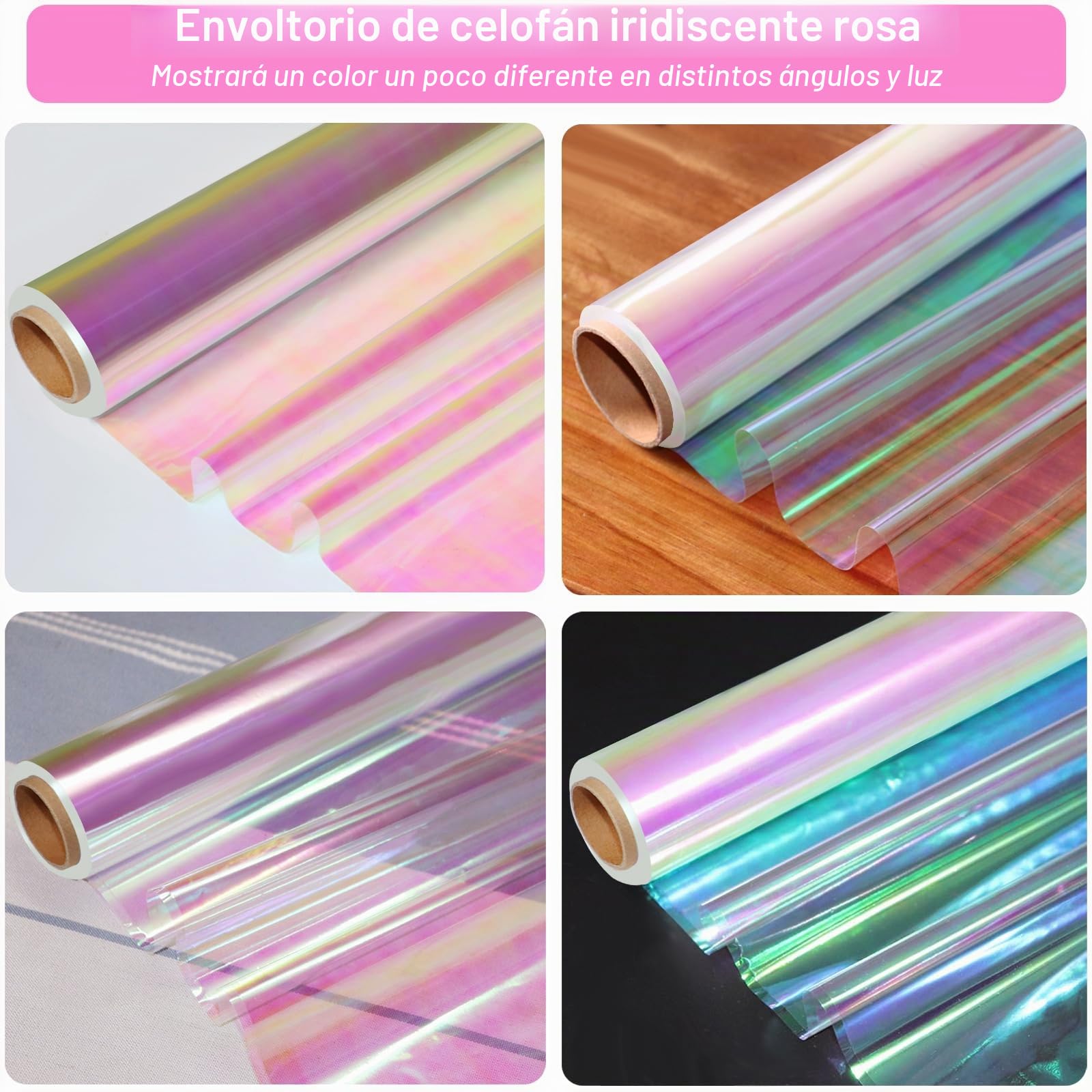 Rollo de celofán iridiscente, 86 cm x 15 m, lámina de celofán arcoíris, transparente, iridiscente, multicolor, lámina de regalo para grandes regalos, flores, alas de hadas, cestas de regalo, golosinas