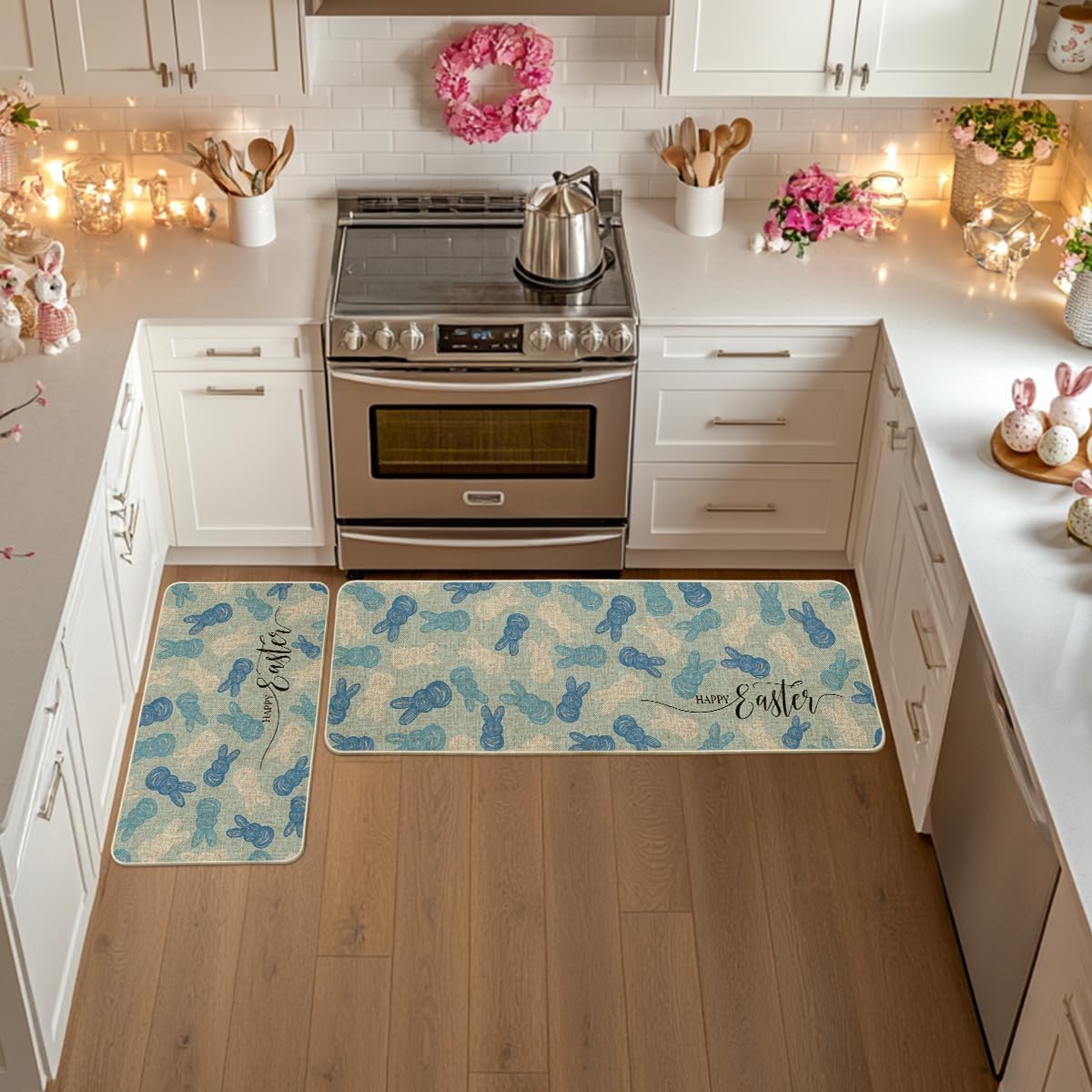 Artoid Mode Blue Rabbits Bunny Happy Easter Kitchen Mats Set of 2, Home Seasonal Spring Easter Holiday Holiday Party Floor Mat - 17x29 and 17x47 Inch