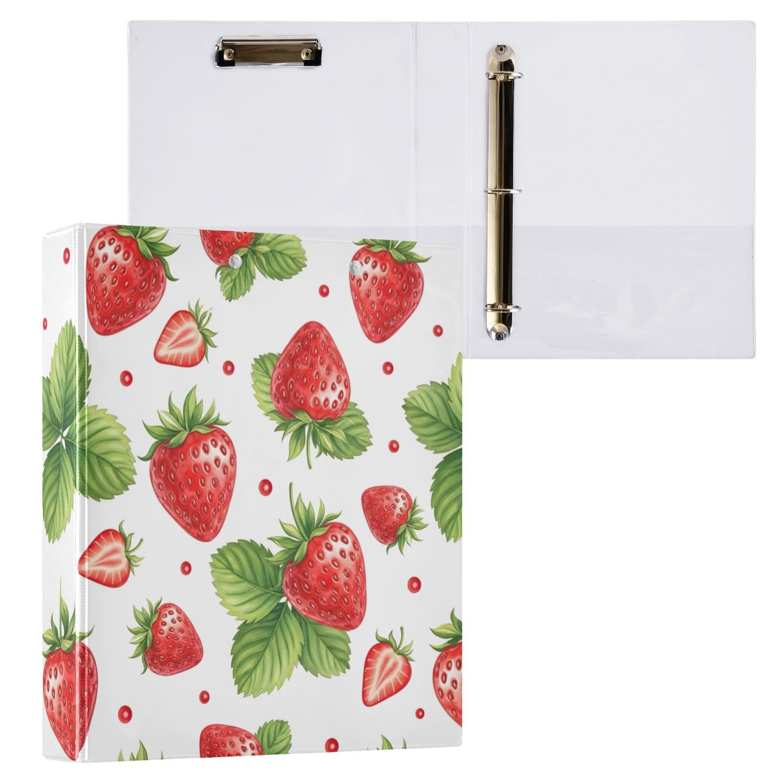 Confezione da 2 raccoglitori ad anelli con 3 anelli, motivo fragole, rosso e bianco, con tasche, grandi, per scuola, università, ufficio
