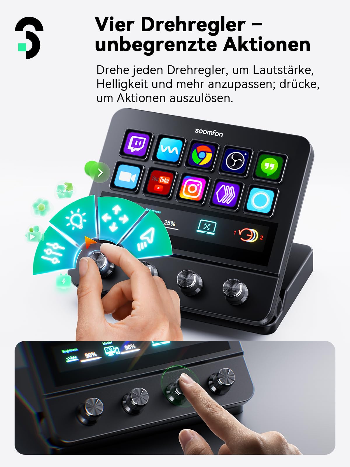 SOOMFON Stream Controller Deck, 10 Makrotasten 4 Drehknöpfen & Touchscreen | 2X USB-A&USB-C, kompatibel mit OBS, Voicemod, Twitch, PS, Youtube, ETS, ideal für Streaming Gaming Creator, Mac & Windows