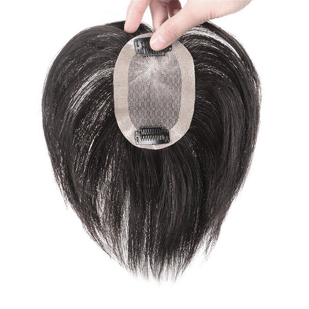 RemeeHi Short Straight Human Hair Toppers 18cm Hand Made Clip in Hairpiece for Covering White Hair Tape Toupee Wiglet 5x7cm Red Brown