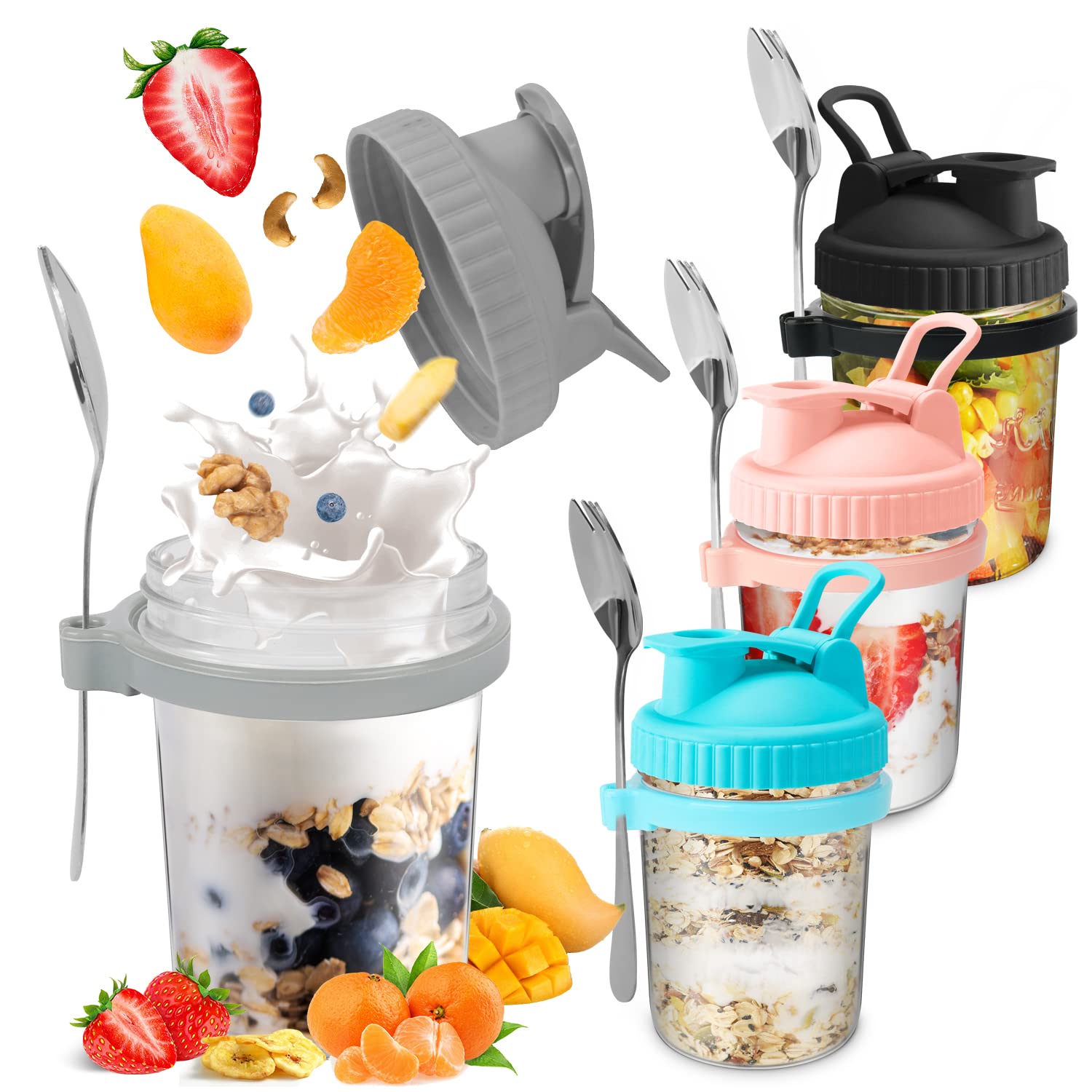 Photo 1 of DNANAOL Overnight Oats Containers with Lids - 16 oz Overnight Oats Jars Set of 4, Reusable Yogurt Mason Jars with Lids & Spoons, Large Capacity Airtight Jars for Milk, Cereal, Fruit To Go Containers pink/blue/black/grey
