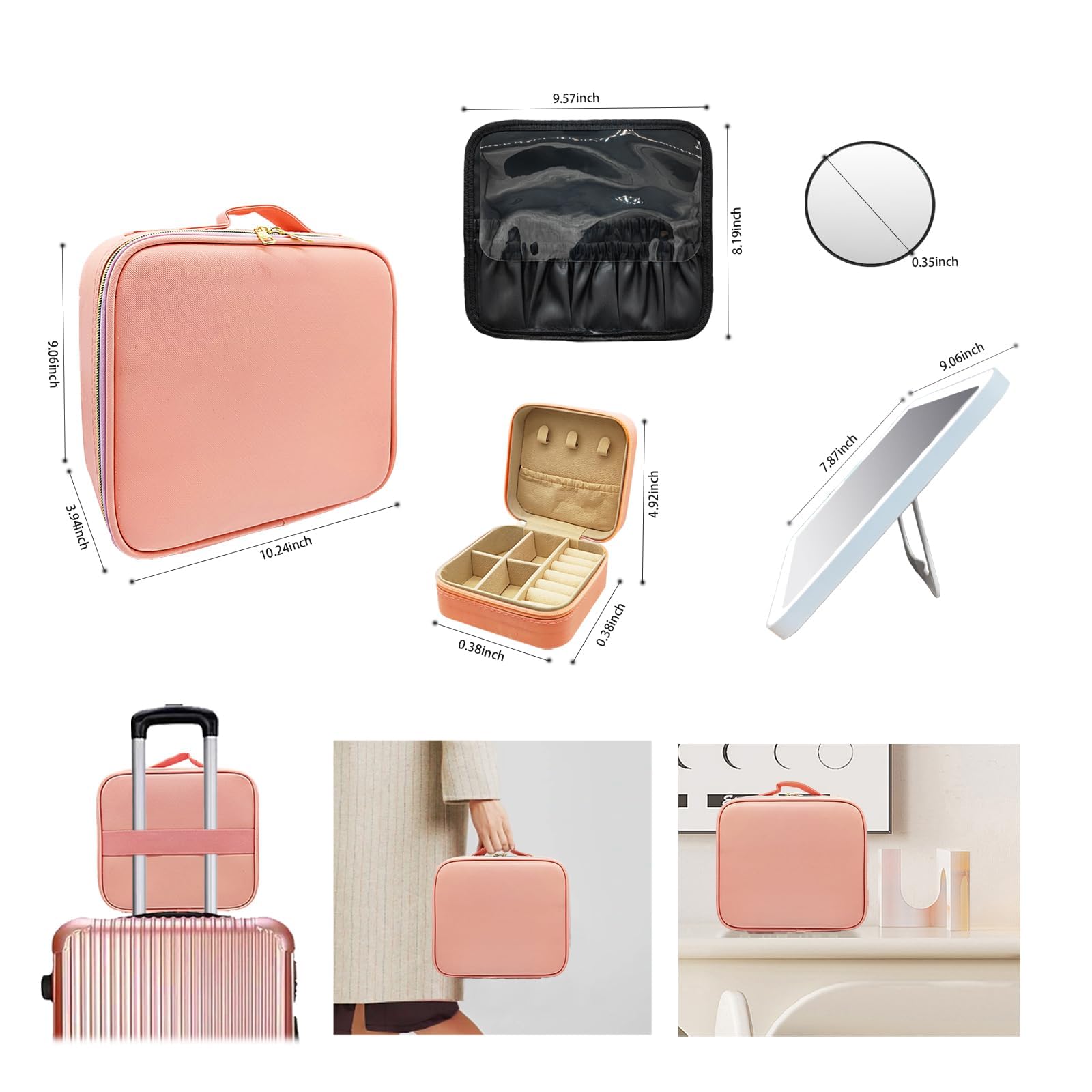 Make up Tasche mit Spiegel，Travel Makeup Bag mit 1/10x Spiegel und 3 Farbe Licht，Make up Organizer Tasche mit Aufbewahrung von Make-up-Pinseln, Makeup Organizers für Frauen(Rosa Leder)