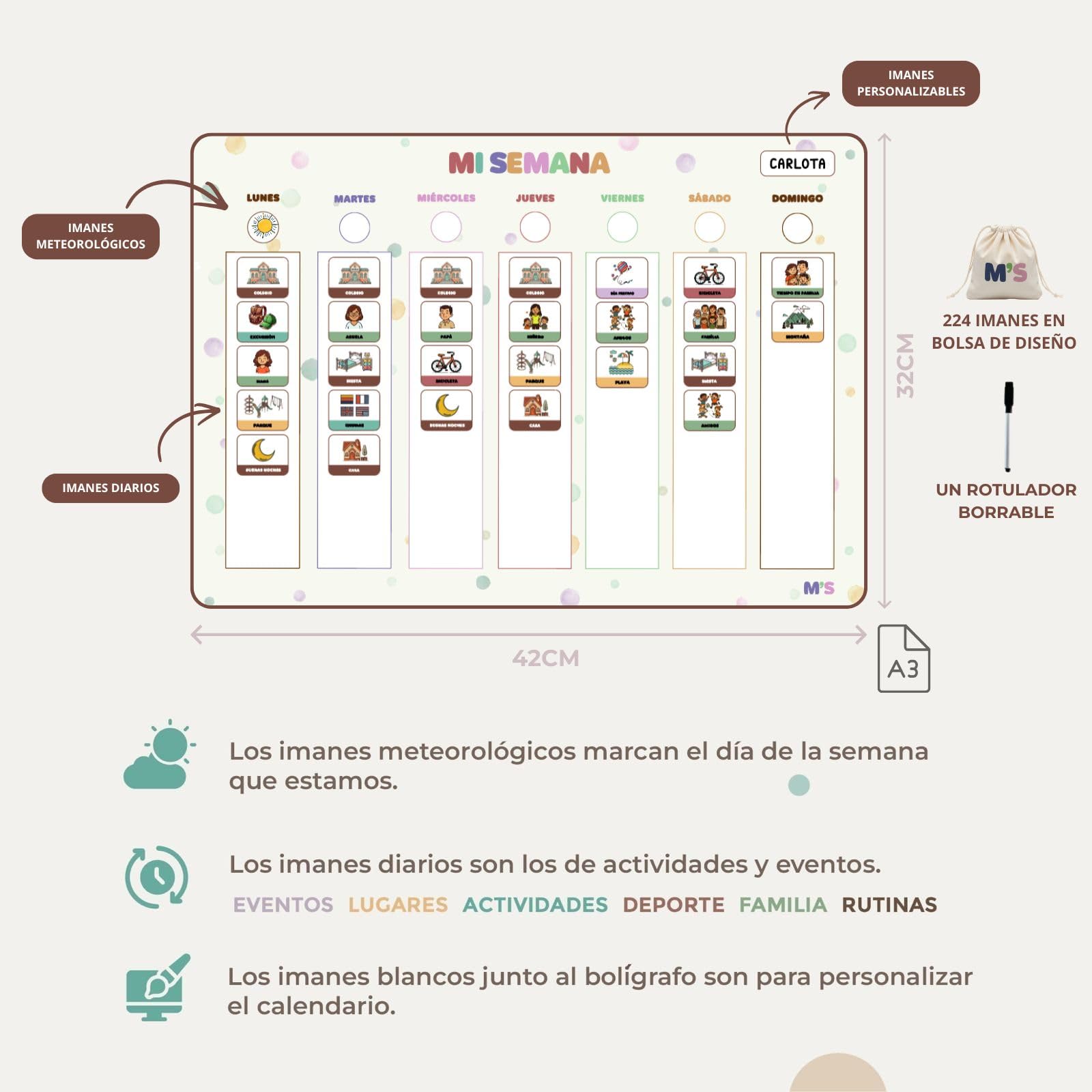 Horario imantado niños semanal en Español – Planificador Montessori magnético con actividades y clima – calendario semanal para niños -Agenda pizarra con imanes con pictogramas