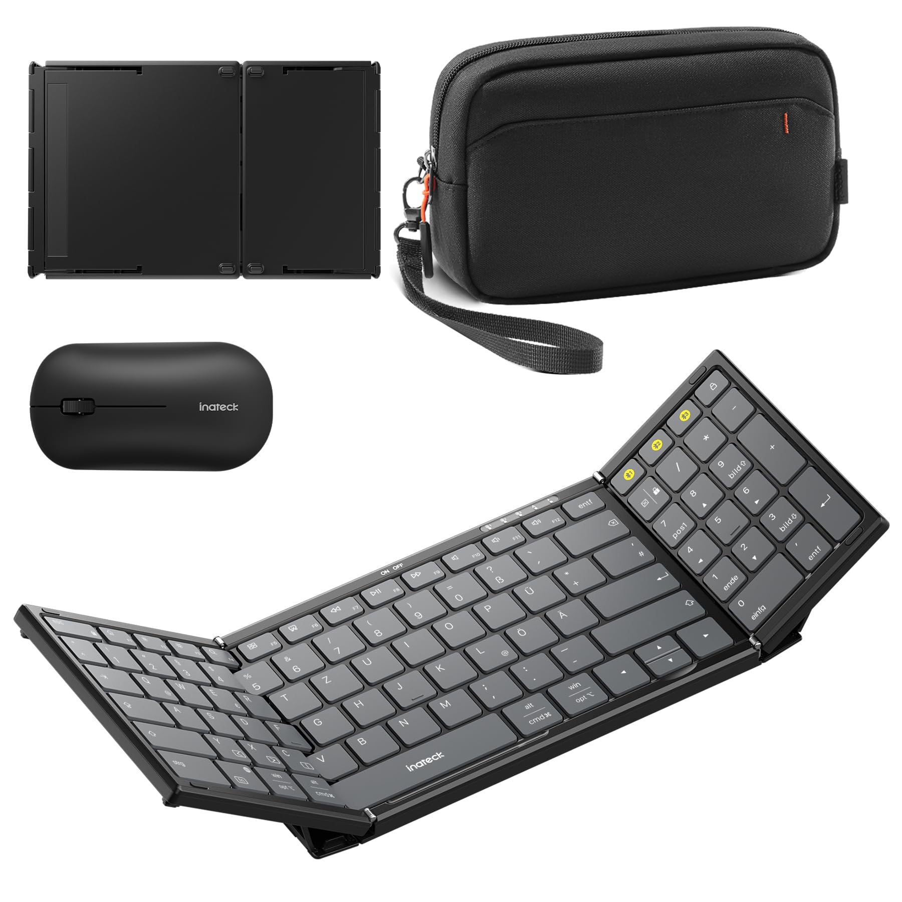 Inateck Faltbare Bluetooth 5.3 tragbare Tastatur und Tri-Mode-Maus-Set mit Numpad, verstellbarem Ständer, Tragetasche, kompatibel mit Tablets, Handys, Laptops, PCs (Windows/iOS/Android)