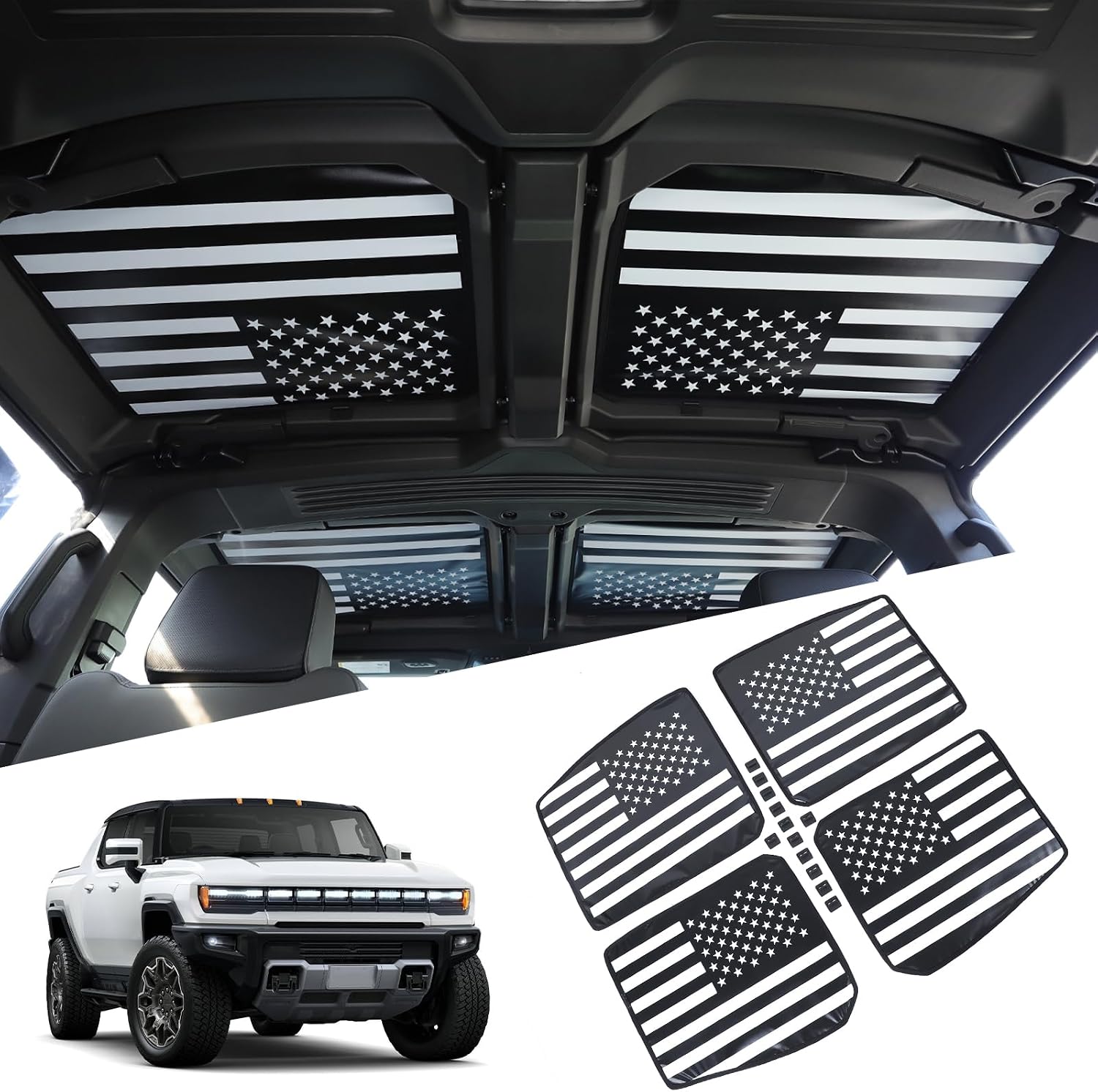 Yinanlutos Sunroof Sun Shade Compatible with Hummer EV Pickup 2022-2026 Accessories Foldable UV Reflector Reflective Block UV Rays Glare 4PCS (Black and Whit)