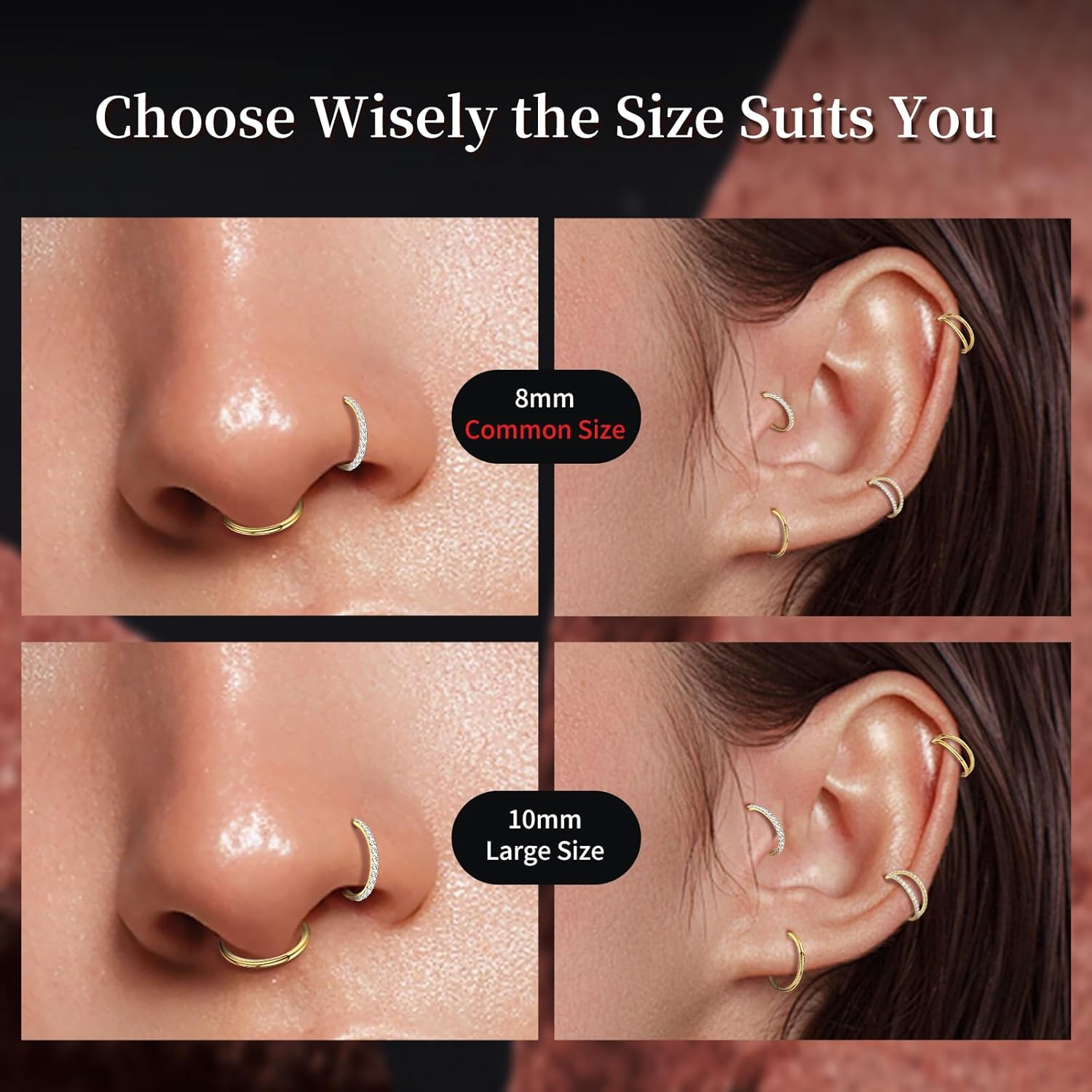 4 PCS 16G 18G 20G Nose Rings Hoops Stainless Steel Earrings Tragus Septum Piercing CZ Clicker Ring Hinged Segment Lip Double Hoops 8MM/10MM - Image 5