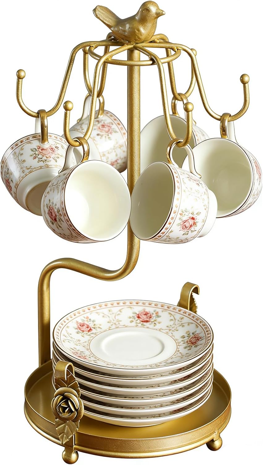 Coffee Mug Tree, Coffee Cup Holder for Countertop with 6 Hooks, Tea Cup Holder with Small Storage Area Metal Mug Rack Display for Counter Top Kitchen Organizer,Gold