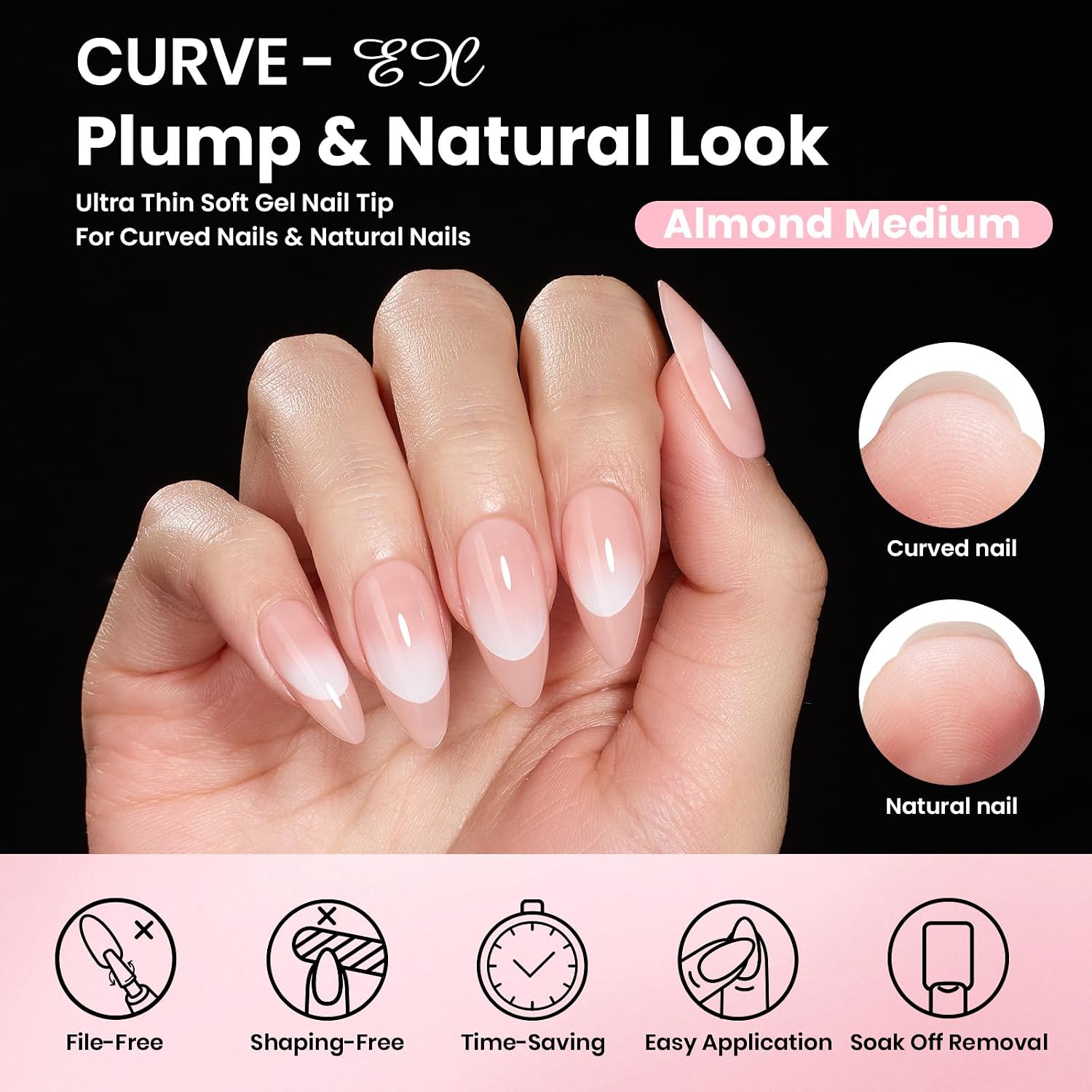 Beetles Gel Nail Kit Curve-EX, Almond Medium, 320pcs 16 Sizes Nail tips, with 15g Nail Glue Gel Hands-Free, 7.5ml Base Gel & Top Coat, Mini Lamp, for Acrylic Press On Nail, Extension DIY Set at Home