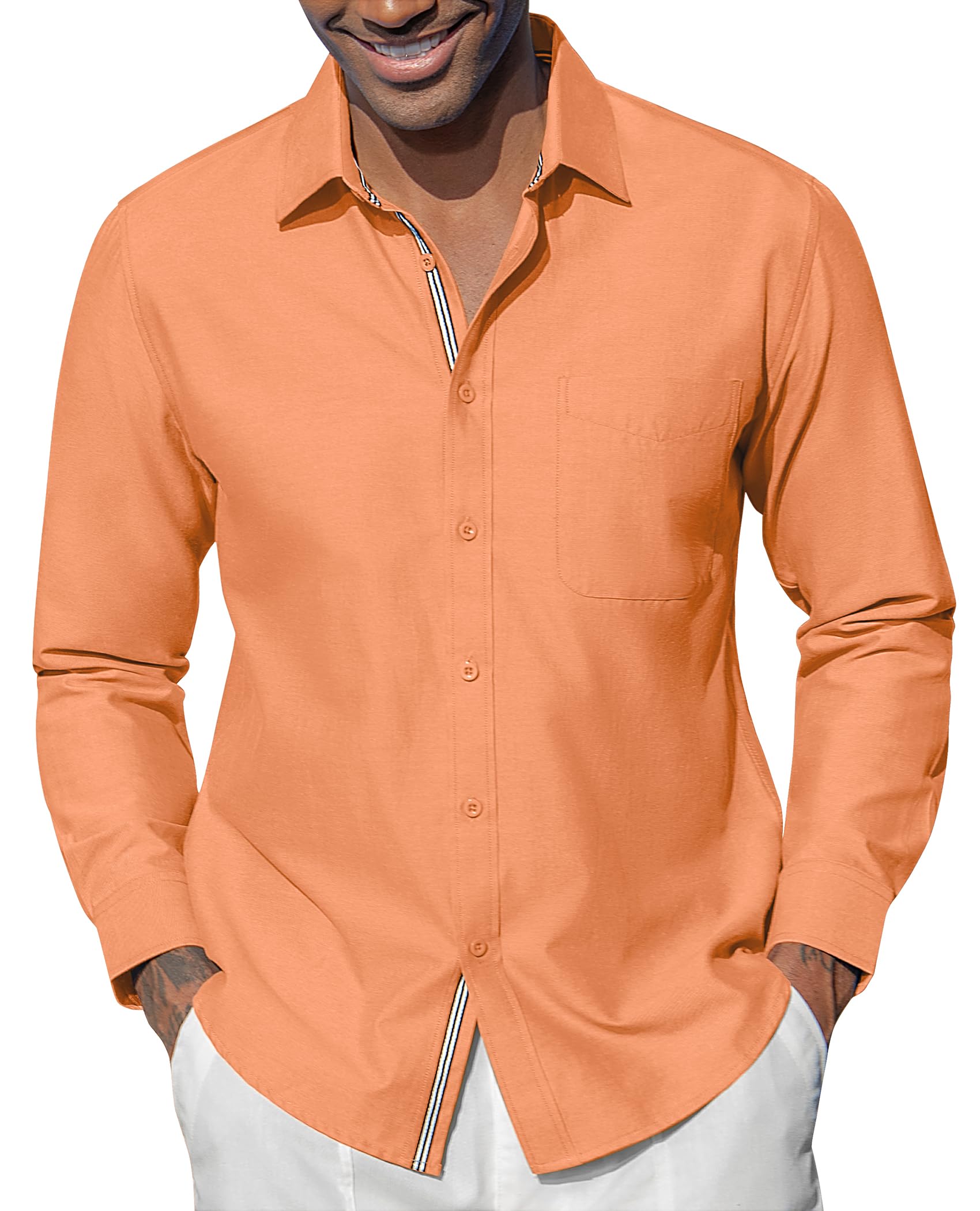 Oxford Dress Shirts for Men Long Sleeve Oxford Casual Dress Button Down Shirts Contrast Button Shirts with Pocket