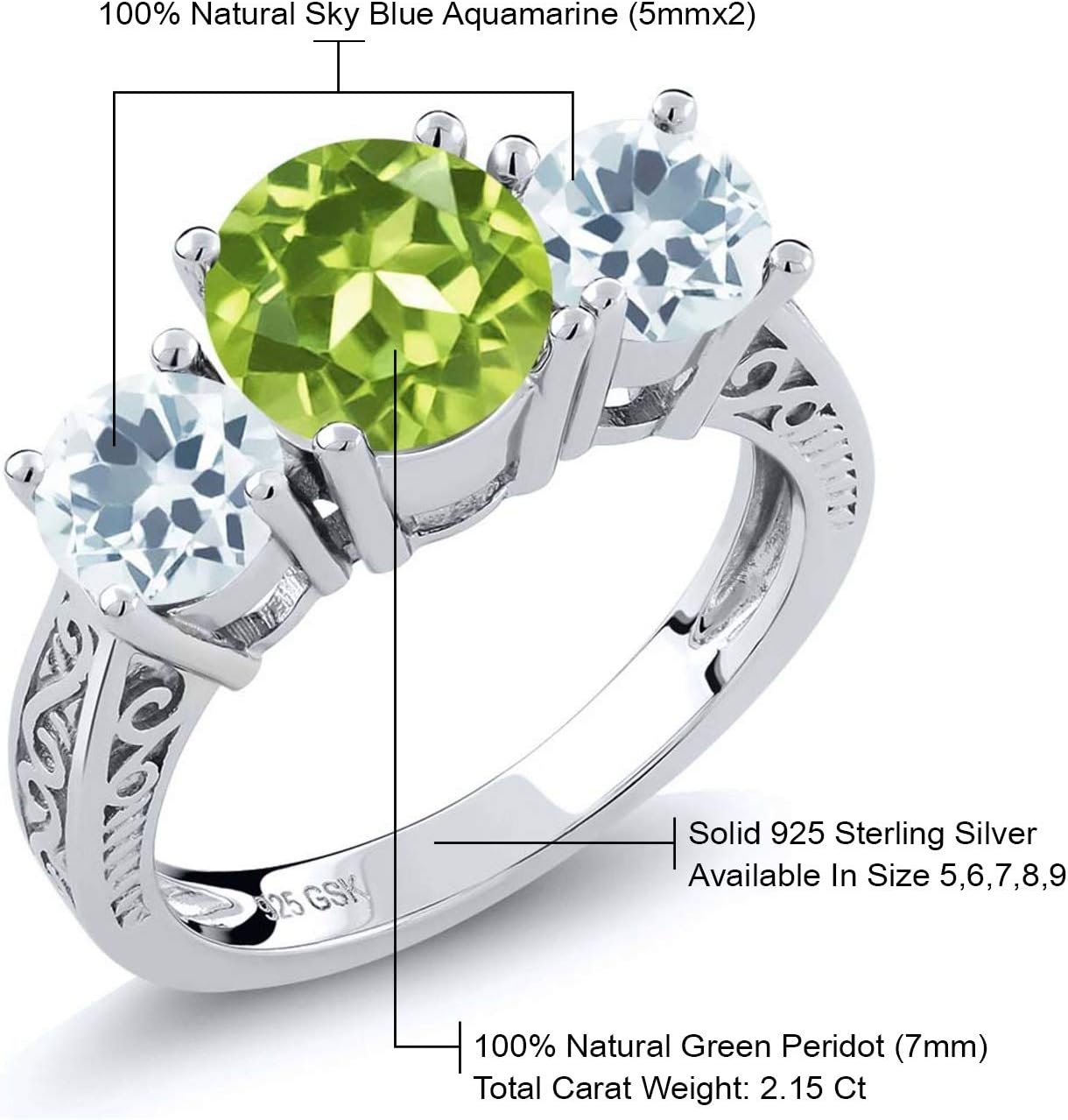 Gem Stone King 2.15 Cttw Green Peridot and Sky Blue Aquamarine 3-Stone Ring For Women | 925 Sterling Silver | Round 7MM and 5MM | Gemstone Birthstone | Available In Size 5, 6, 7, 8, 9