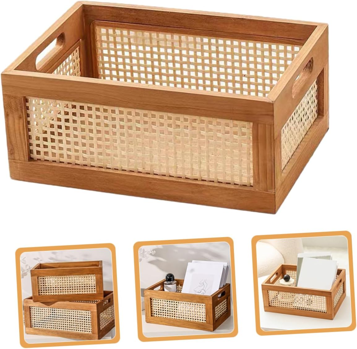 Handmade Woven Storage Basket Rustic Hollow Carved Solid Wood Desktop Organizer Box Large Capacity Home Storage Bin for Bathroom Nursery and Office