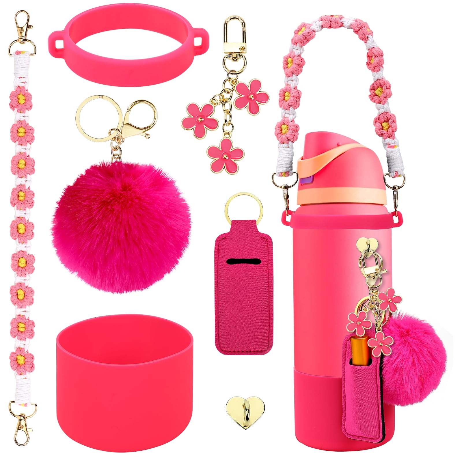 Compatible for Owala Accessories Bundle: Silicone Boot for 24oz & 32oz Bottles, Charms, Handle, Strap, Rubber Bottoms, and Decorative Add-ons for Your Compatible for Owala Water Bottle, Hot Pink