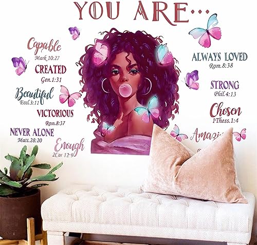 Miniatura 2 de Calcomanías de pared con diseño de mariposa de niña negra, citas inspiradoras de sacinora con palabras motivacionales, vinilo extraíble para niñas,