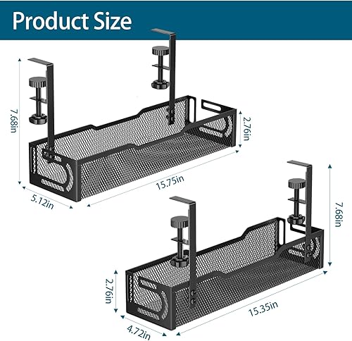 Miniatura 2 de Paquete de 2 bandejas de gestión de cables debajo del escritorio, bandeja de cables de escritorio de malla sin taladro, bandeja de gestión de