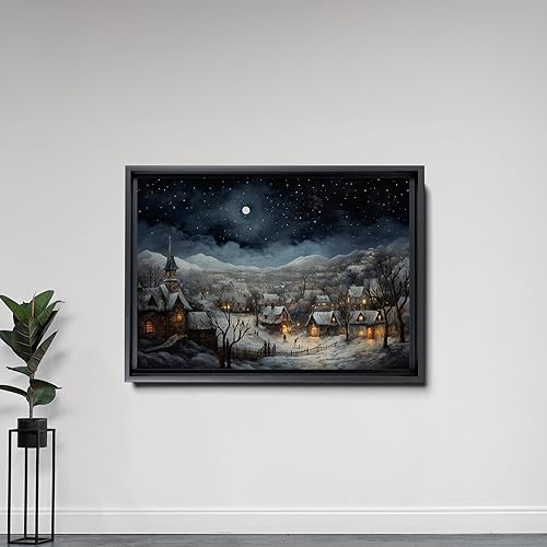 Miniatura 7 de Christmas Wall Art - Farmhouse Snow Covered Christmas Eve Village At Night Painting Canvas Print, Over Mantel Holiday Decor Ready To Hang, Modern